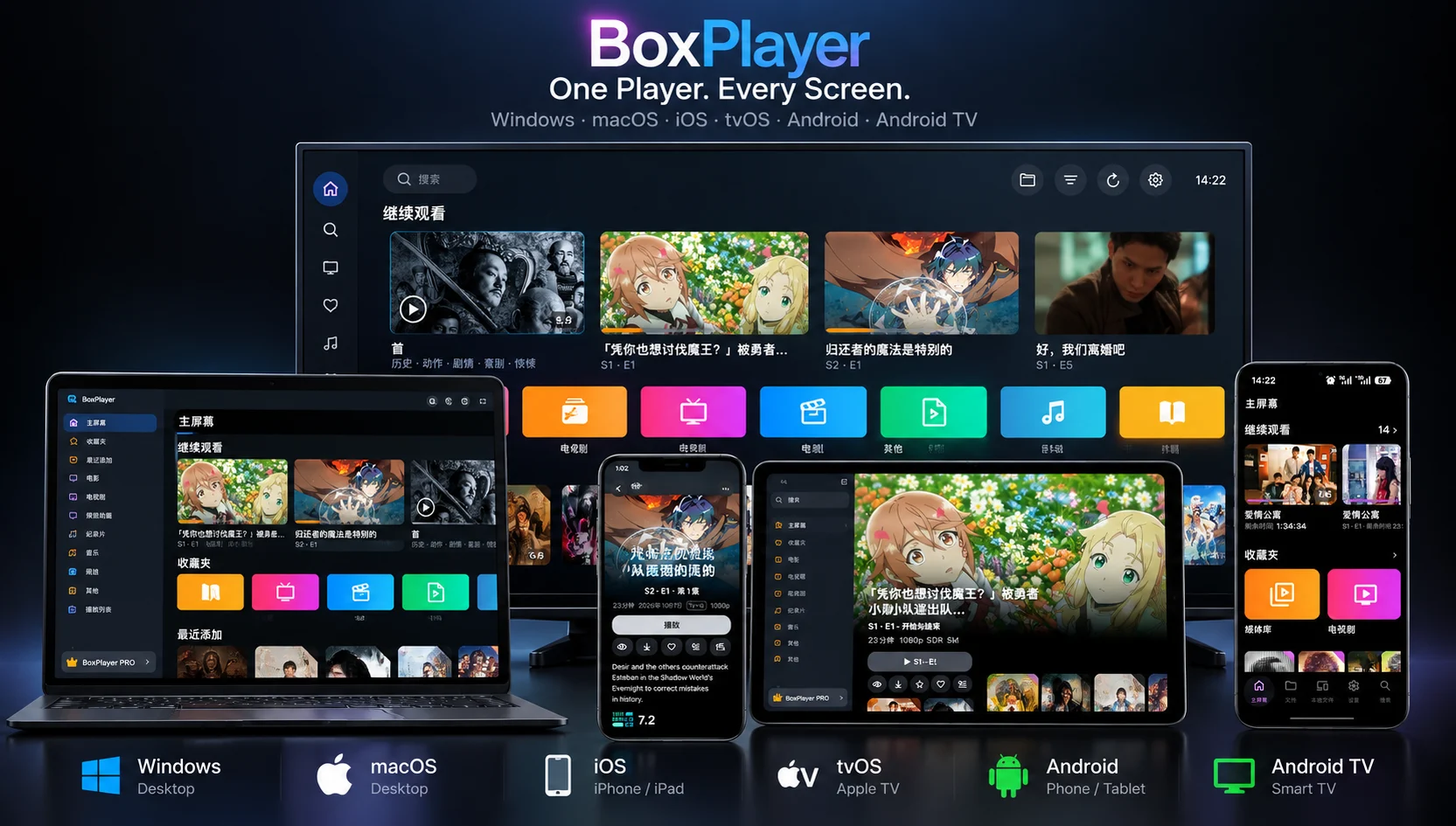 BoxPlayer 电脑、平板、手机与电视多平台界面